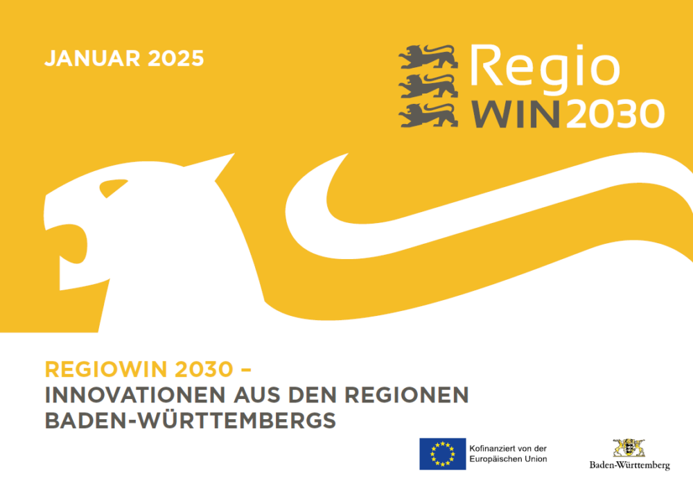 Cover des RegioWIN2030 Booklets, gelber Hintergrund mit stilisiertem weißen Löwen