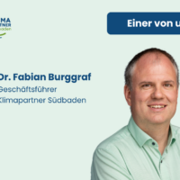 Einer von uns Klimapartnern: Profilbild von Dr. Fabian Burggraf, daneben der Text Geschäftsführer Klimapartner Südbaden
