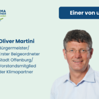 Einer von uns Klimapartnern: Profilbild von Oliver Martini, daneben der Text "Bürgermeister/ Erster Beigeordneter Stadt Offenburg/ Vorstandsmitglied der Klimapartner"