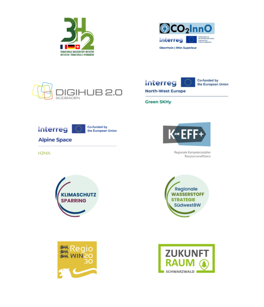 Projektlogos aller Projekte der Klimapartner in der Übersicht: 3H2, CO2InnO, DigiHub 2.0, Interreg Green SKHy, Interreg H2MA, KEFF+, Klimaschutz Sparring, Regionale Wasserstoff Strategie Südwest BW, RegioWIN2020, Zukunft.Raum.Schwarzwald