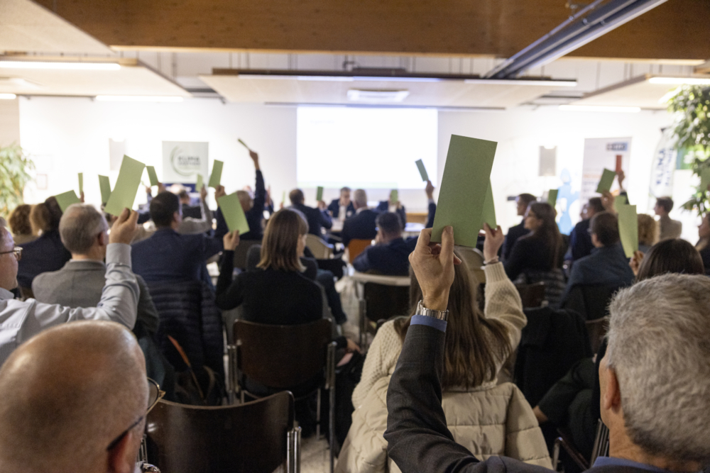 grüne Stimmzettel werden hoch gehalten